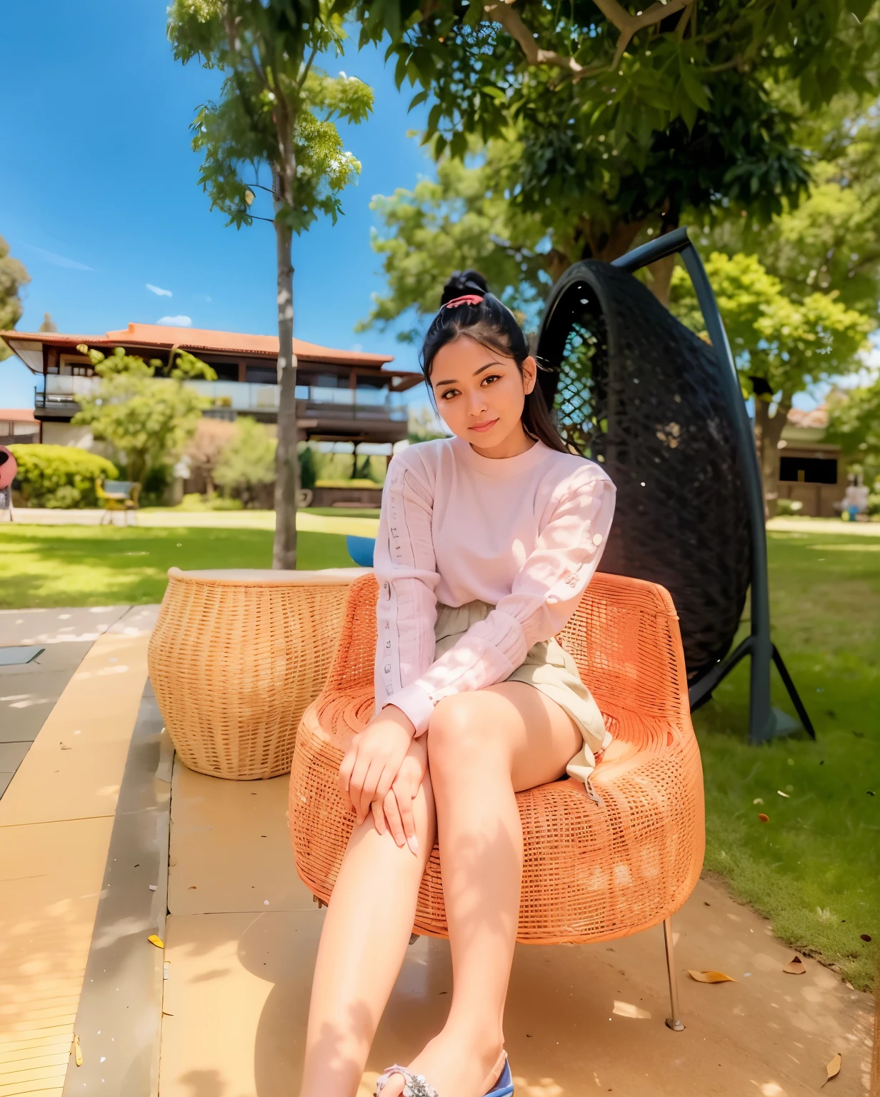 Araffe woman sitting on a chair in a park with trees, Niwan Chandra, On a clear day, In sunny weather., Sunny daylight hours, Mixed Art, dang my linh, cute vtuber house, bright sunny day, In Lammanh style, The weather was very clear., photo taken with canon 5d