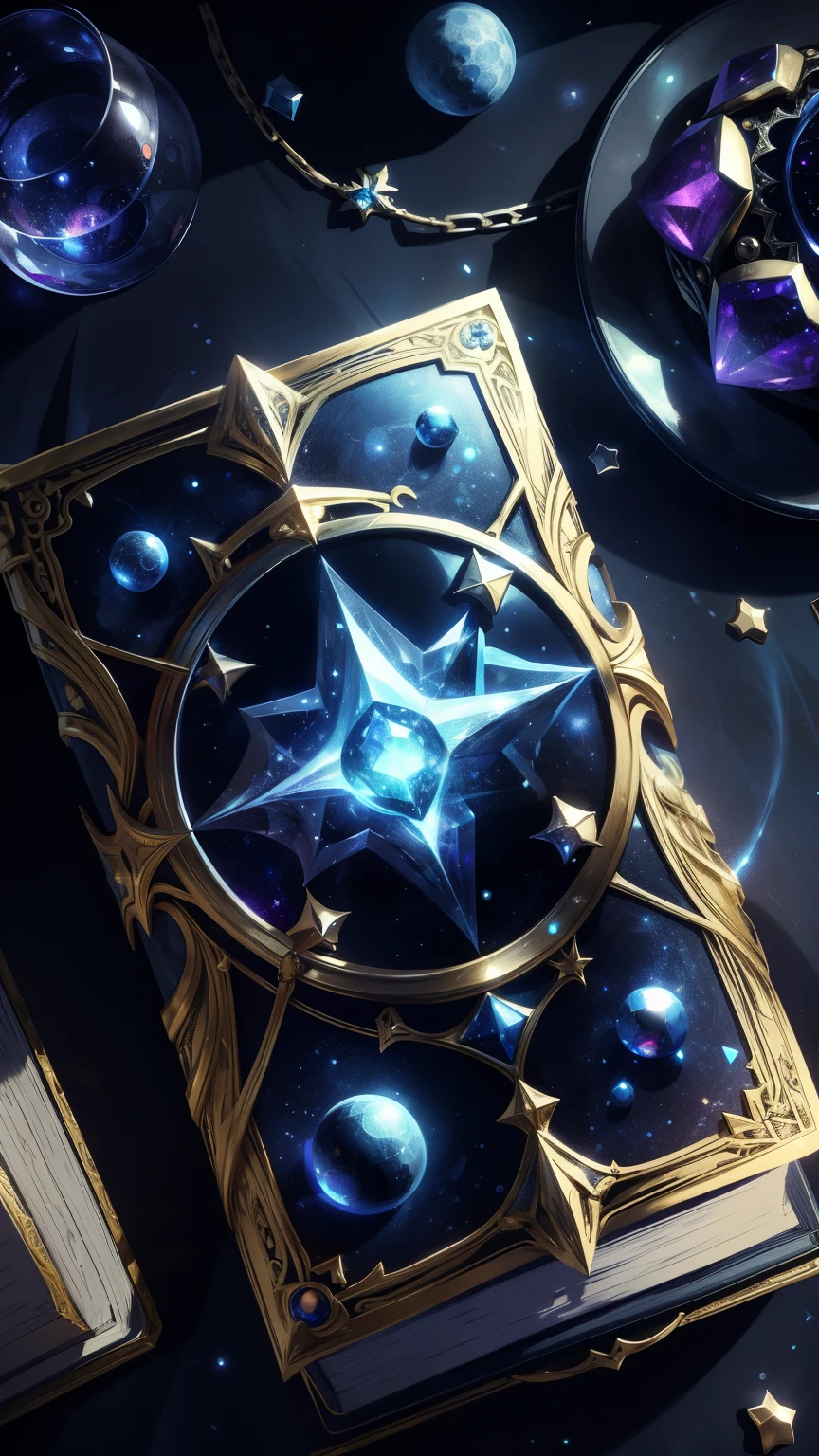 magic grimoire, book of the night, beautiful blue and gold circle, jewel, runes inscribed on the spine of the book, silver and blue and black, magic, fantasy, magic book, abyss magic, space stars, black, moon phases on book, sun emblem, ruby and sapphire gems
