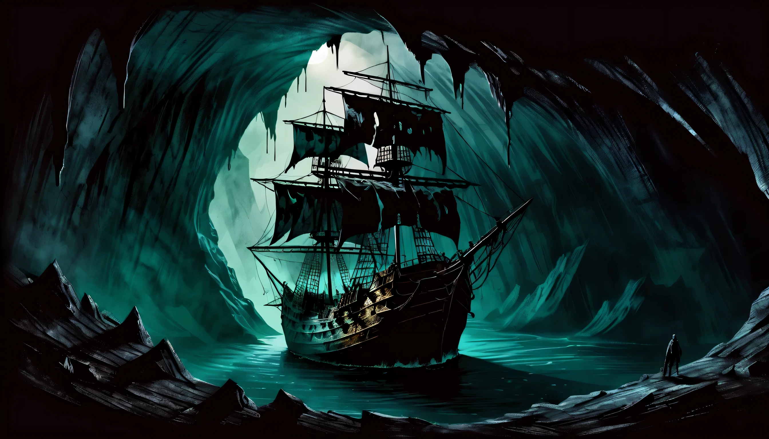 A battered sailboat in a dark cave, dim shadow coating, no lighting, No lamp, Atmosphere of eeriness, fear and awe, Around the mural of the dead in hell, Dark fantasy style, (silly fine brush strokes:1.2), gouache, grunge, high quality, 最high quality, 8K, Creepy illustration wallpaper design,