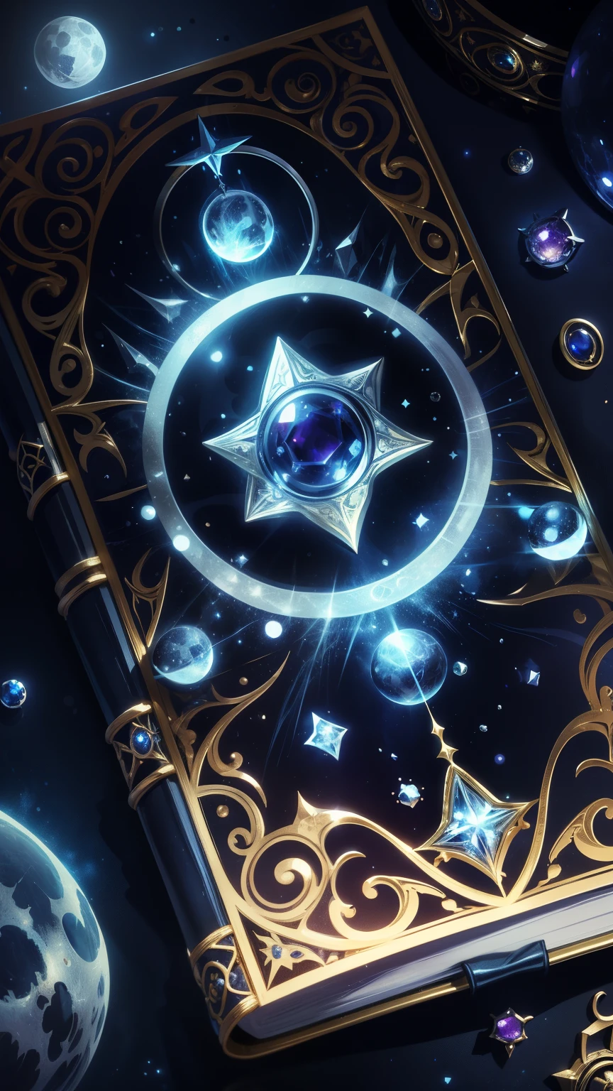 magic grimoire, book of the night, beautiful blue and gold circle, jewel, runes inscribed on the spine of the book, silver and blue and black, magic, fantasy, magic book, abyss magic, space stars, black, moon phases on book, sun emblem, ruby and sapphire gems