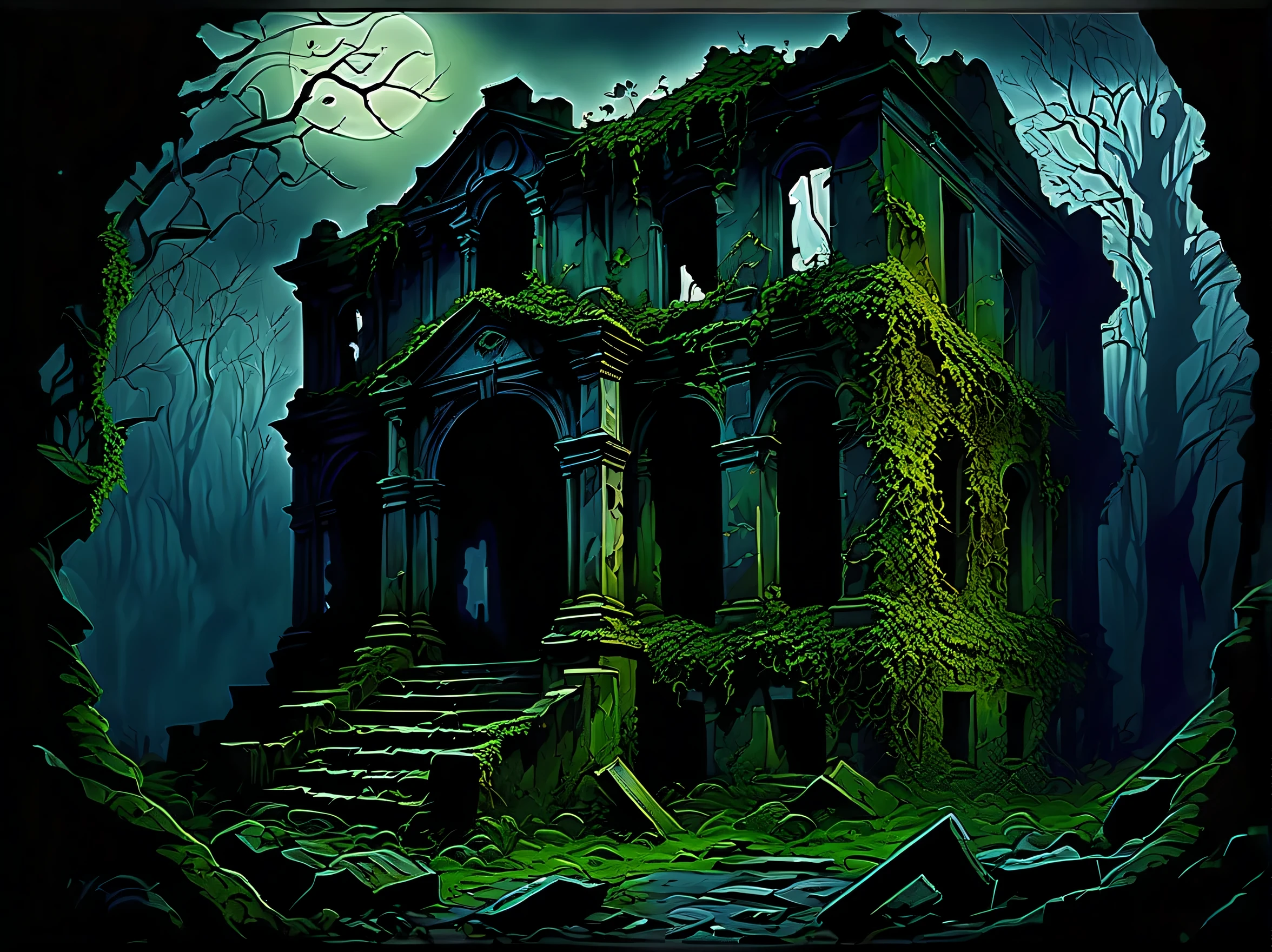 Spooky haunted ruin landscape, Dense trees々and ivy, dark twilight of eerie time, broken old interior, I see an old moss-covered grave, Dense and detailed brushstrokes, oil, high quality, high contrast, dim natural light and shadows, analog horror atmosphere,