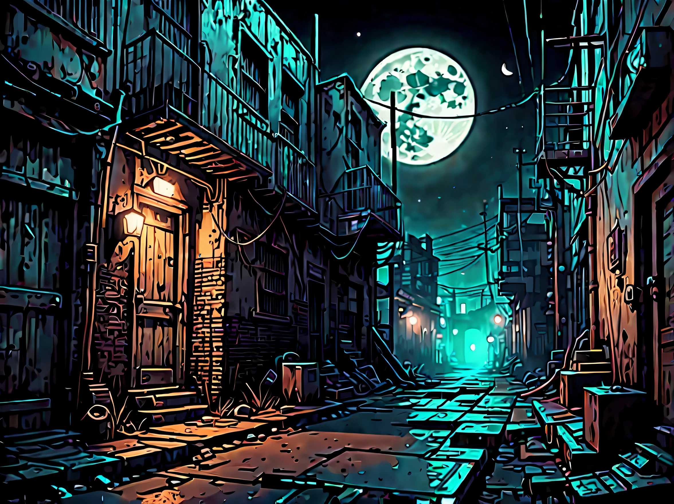 Intricately detailed digital illustration landscape of a cursed place, grunge antique spooky, Cyberpunk Back Alleys, cyberpunk fairy grunge street, An eerie hazy moonlit night, Natural shine, tonal contrast, delicate detailed rendering, Movie-like still images and angles, highest quality, 8K, absurd pixels, 