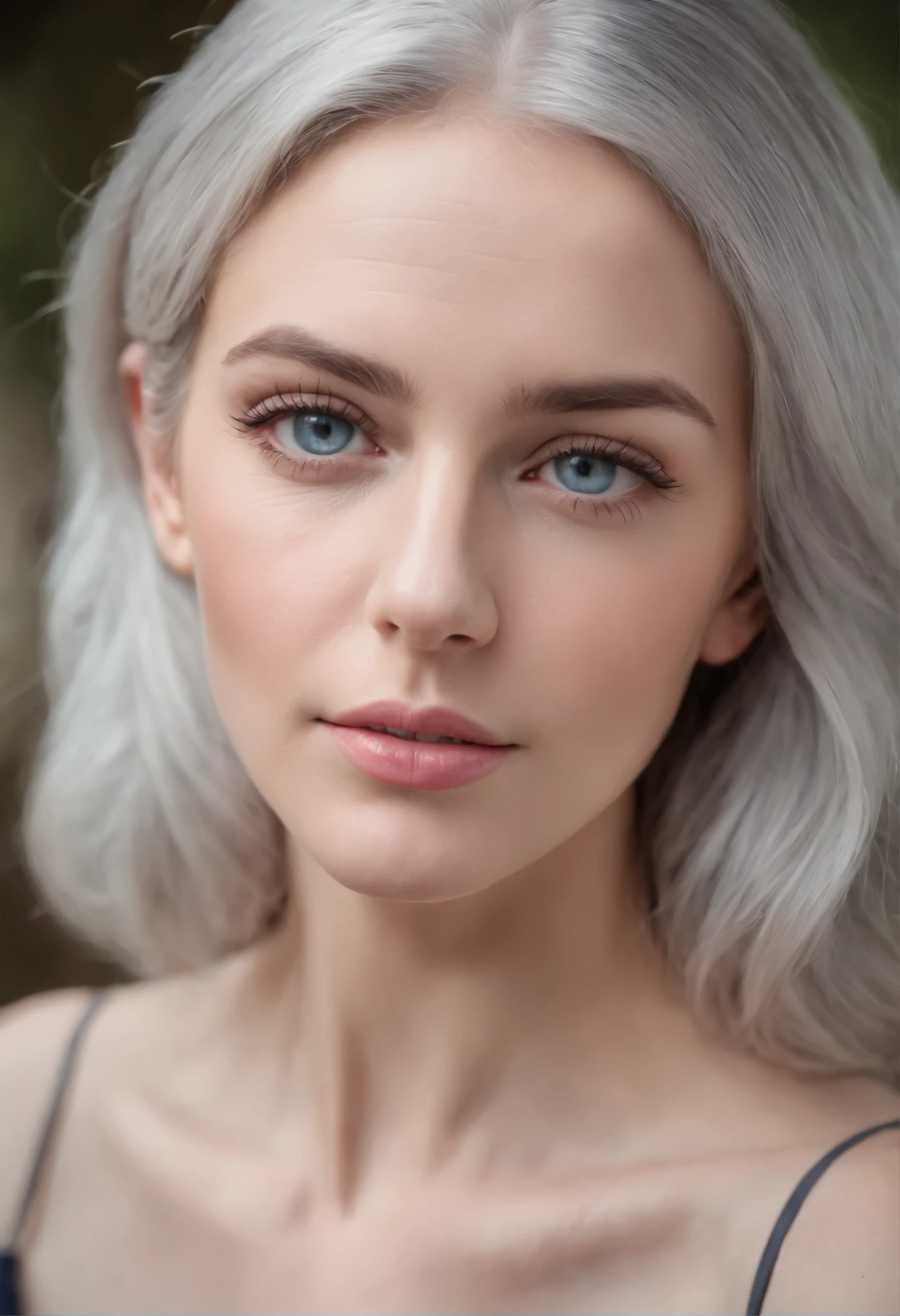 A British women looking beautiful in the grey hair slightly blue eyes light pink lips