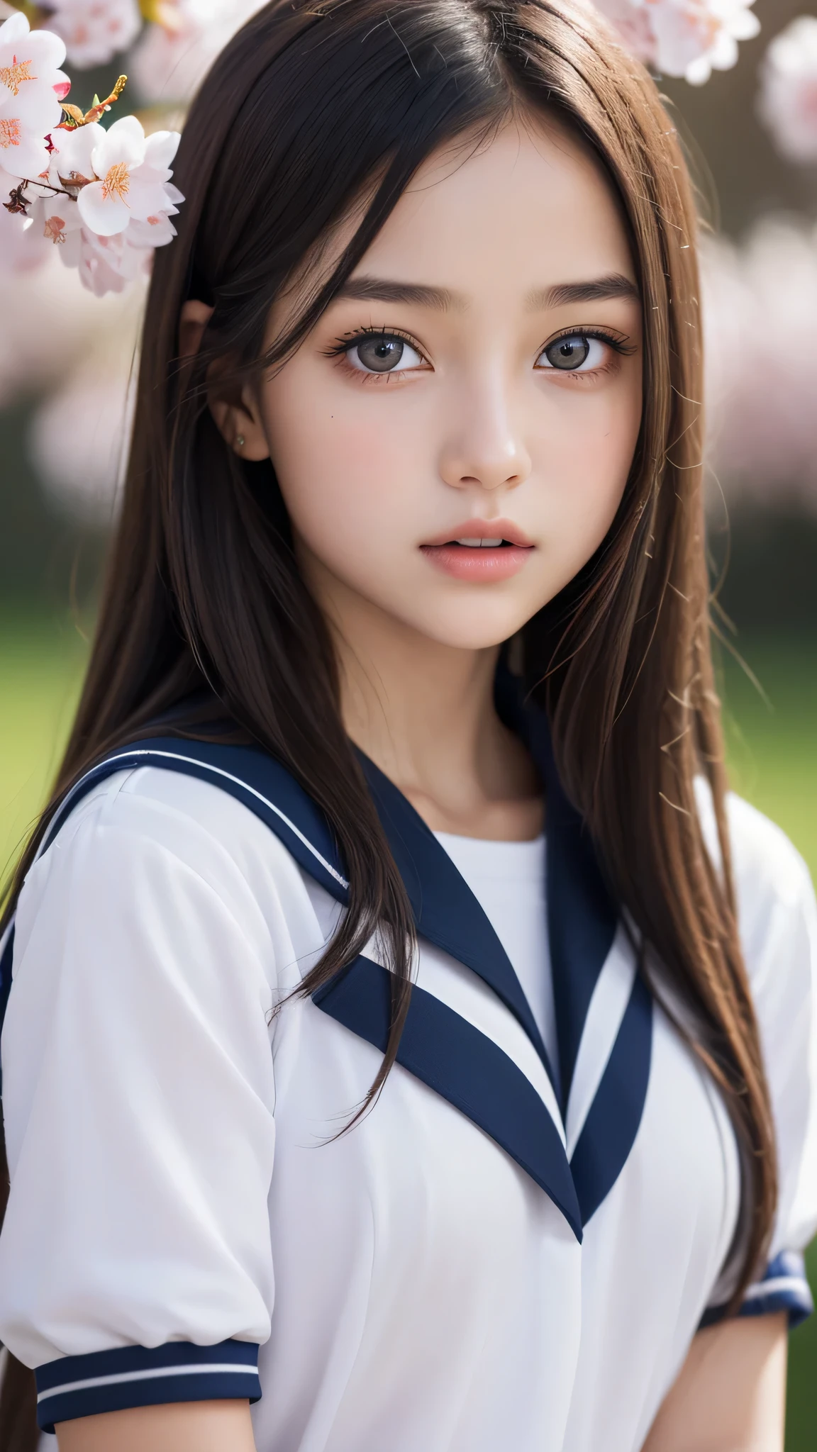 (1young girl), Amazing face and eyes, (amazingly beautiful girl), (Best Quality:1.4), (Ultra-detailed), (extremely detailed CG unified 8k wallpaper), Highly detailed, High-definition raw color photos, Professional Photography, sailor uniform, school uniform, School, Spring, cherry blossoms,