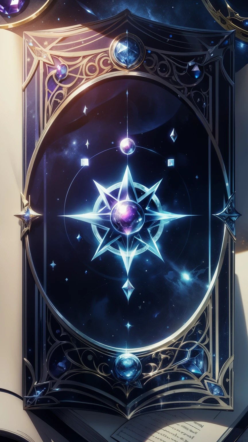 magic grimoire, book of the night, beautiful blue and gold circle, jewel, runes inscribed on the spine of the book, silver and blue and black, magic, fantasy, magic book, abyss magic, space stars, black, moon phases on book, sun emblem, ruby and sapphire gems, square book
