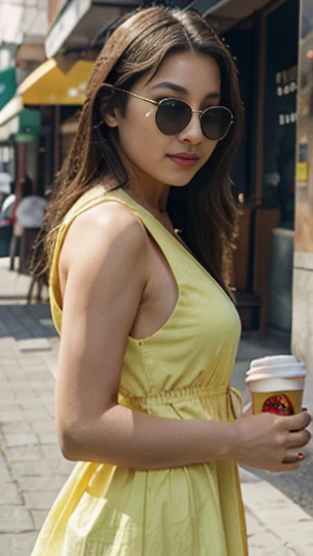 (cinematic angle: 1.2), streetview,(1 girl, sunglasses, summer dress,),(best quality, detailed details, masterpiece, official art, movie lighting effects, 4K) asian face, kpop singer,kpop idols,full body portrait,hold baguette bag, hold coffee cup,smile to camera , breeze weather 