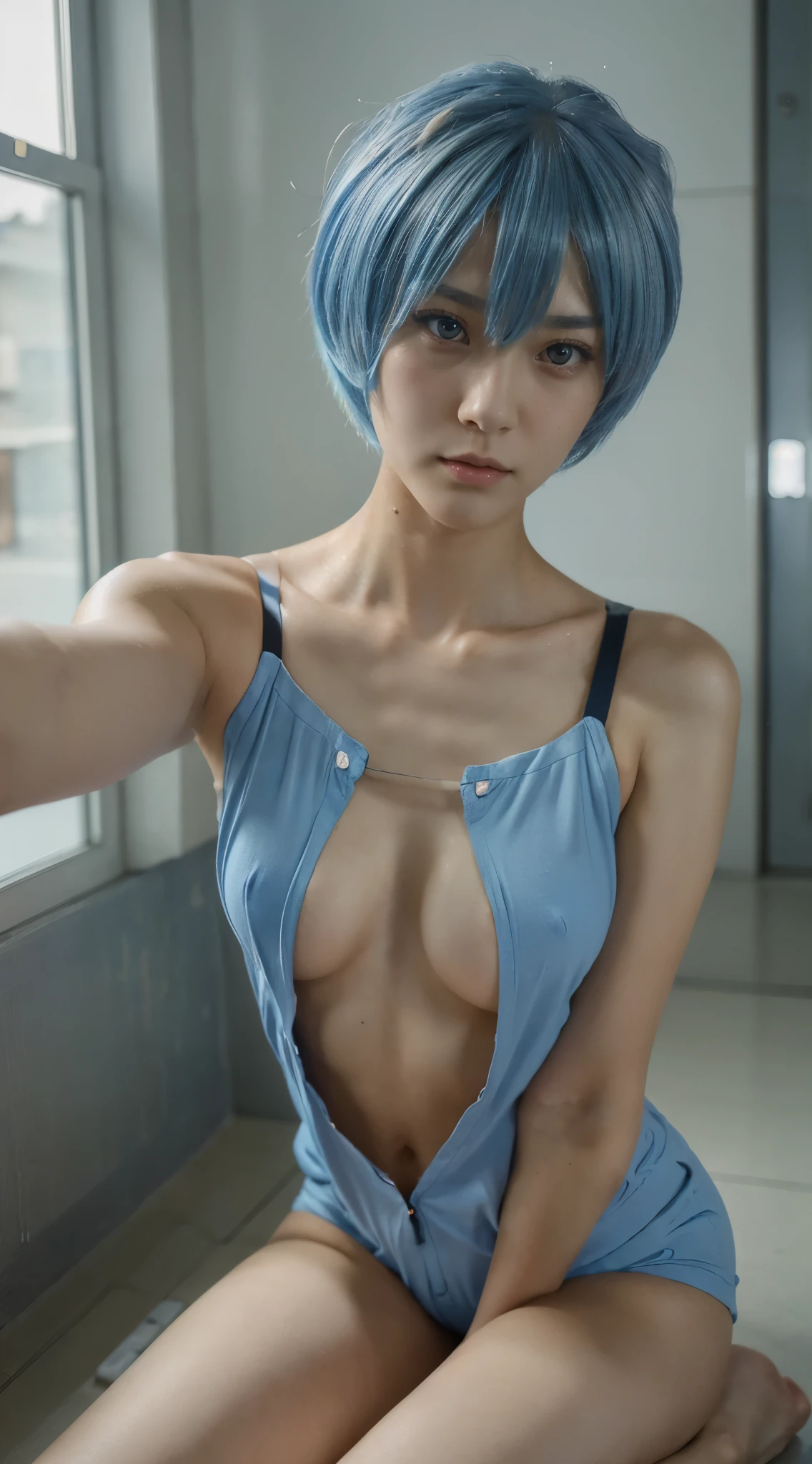 (highres, best quality), Rei Ayanami, Beautiful Mixed Pretty Japanese Babe Face. Beautiful Face, Detailed Beautiful Blue eyes, beautiful slim body, (selfie), Super Blue Short Hair, pajamas, combine realism and anime influences, sorrow beautiful face, Intense Beautiful gaze, selfie, iphone selfie