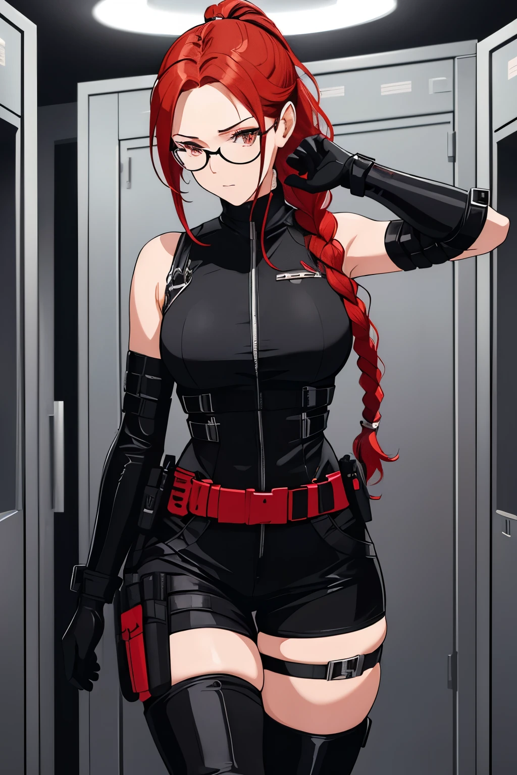 (Woman),(red hair braided into a ponytail),(in a black tactical sleeveless bodysuit with a belt and holster),(spectacled),(in black thigh-high boots), (in black long gloves),(Standing in the locker room), Delicate and beautiful details, (Eye details), (very detailed illustration)