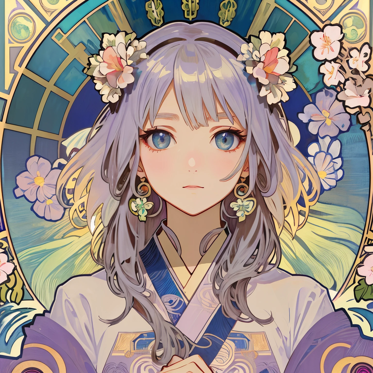 Beauty 1 person、(masterpiece、highest quality、highest quality、beautiful and aesthetic:1.2)、Rainbow-colored、Shining jewelry hair ornament、flowers in full bloom、detailed jewelry、dynamic、Based on the concept of an elegant woman、(((Alphonse Mucha)))、Shining eyes、colorful hair、Fluttering petals、Gradation、hyperdetailed intricately detailed, unreal engine, wonderful, intricate details, splash screen, complementary color, 8K resolution, 逸脱のmasterpiece、fluttering hair、hazy look、Plum blossom、Crystal of snow、winter、kimono、round picture frame、