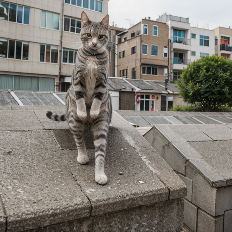 Grey Tabby cat jumping off building with happy face
