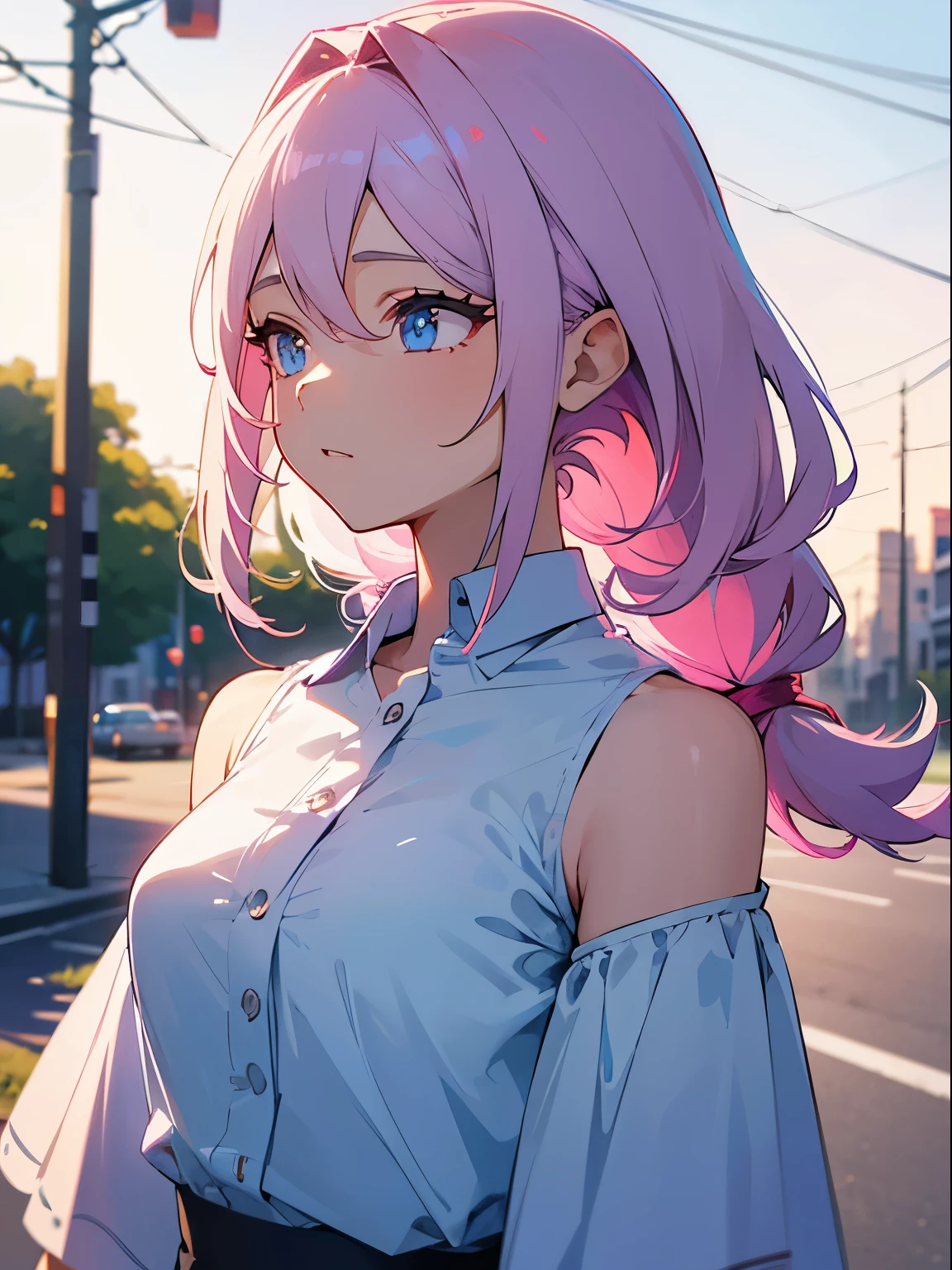 top quality, 1 girl, (skin cavities), (sky), bright, background blur, outdoor, (street:0.6), (hair:1.5), (women's shirts:1.5), Gorgeous, soft light,bare shoulders