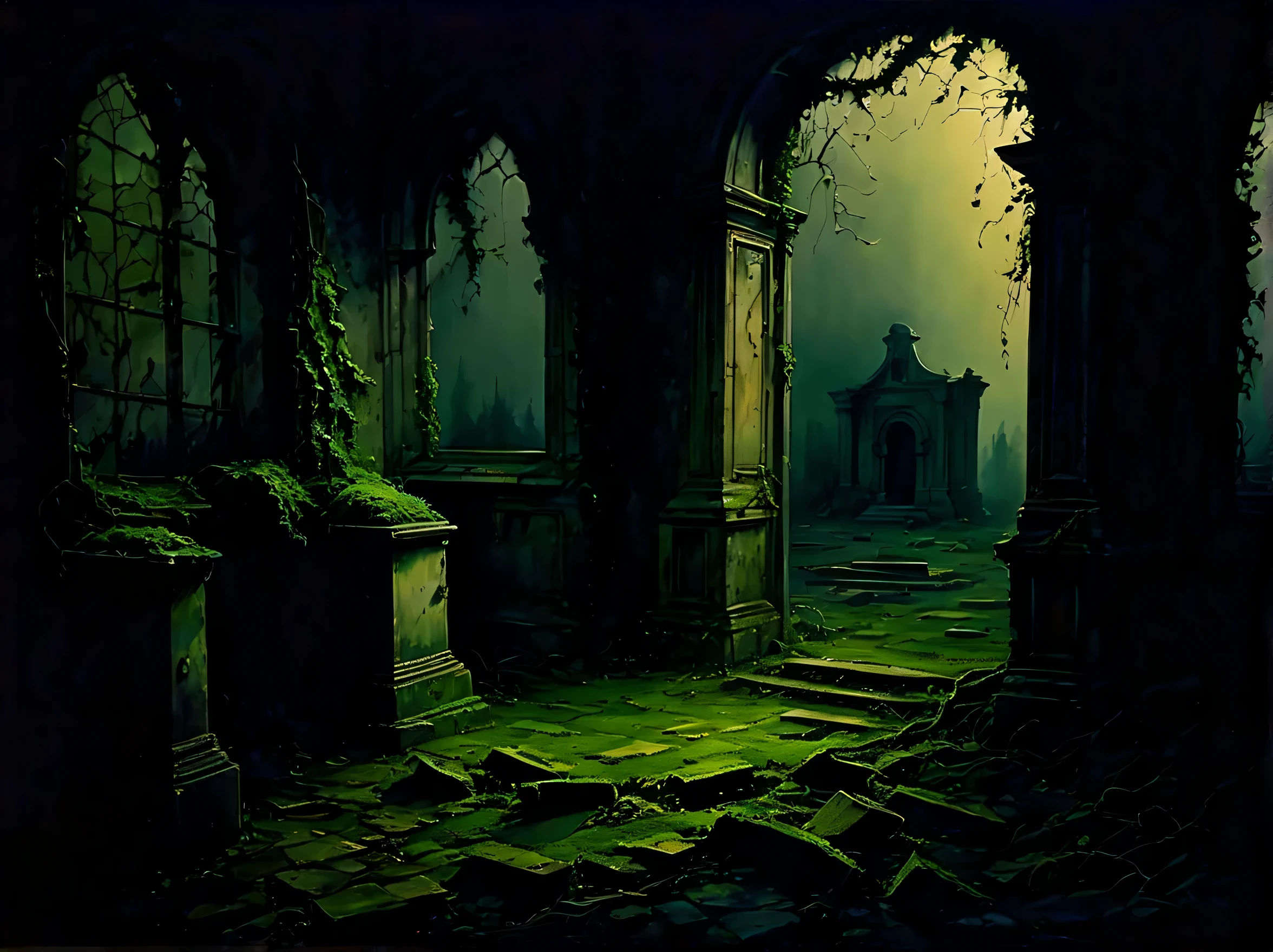 Spooky haunted ruin landscape, Dense trees々and ivy, dark twilight of eerie time, broken old interior, I see an old moss-covered grave, Dense and detailed brushstrokes, oil, high quality, high contrast, dim natural light and shadows, analog horror atmosphere,