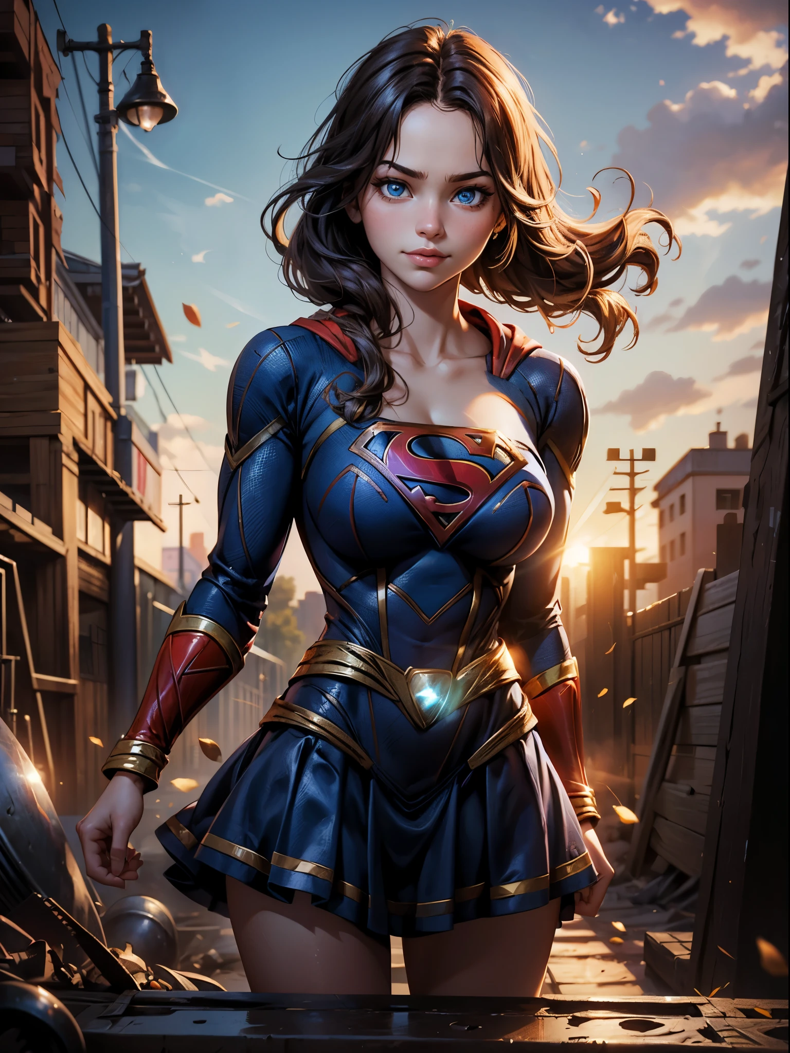 Best Quality, masutepiece,(Best quality, masterpiece, absurdists)), 1girl(supergirl),20 years old, defined body, expressive and blue eyes, huge breasts, Short Dress Loose Jacket Viscose Single Front,vestido frente única, cleavage, smirk