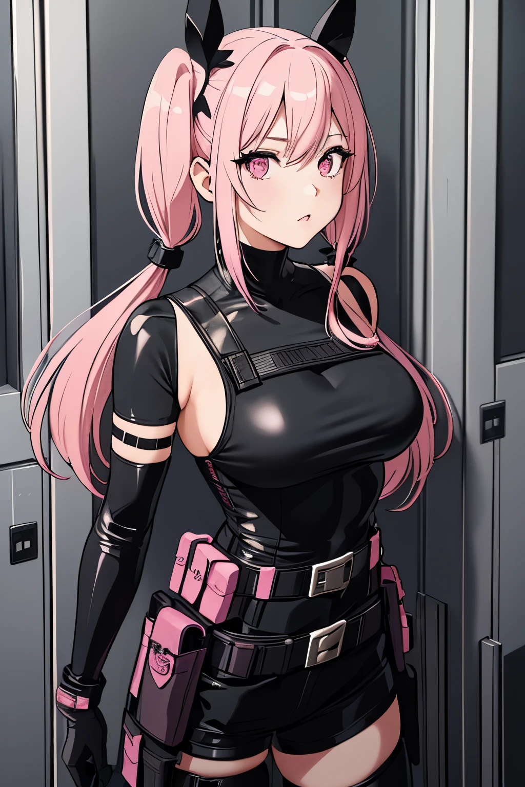 (Woman),(Pink pigtails hairstyle),(in a black tactical sleeveless bodysuit with a belt and holster),(in black thigh-high boots), (in black long gloves),(Standing in the locker room), Delicate and beautiful details, (Eye details), (very detailed illustration)