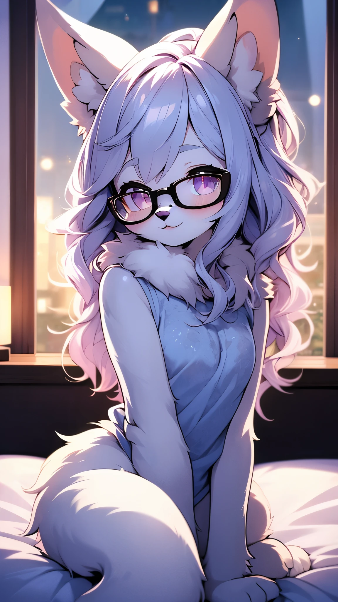 furry fox girl,ultra detailed fur,pubic fur,room,moonlight,all face blush,smile,glasses,exhibitionism,looking at viewer,sit on bed