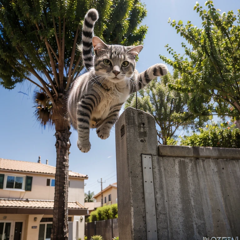 Grey Tabby cat jumping off Double Tree in Modesto California