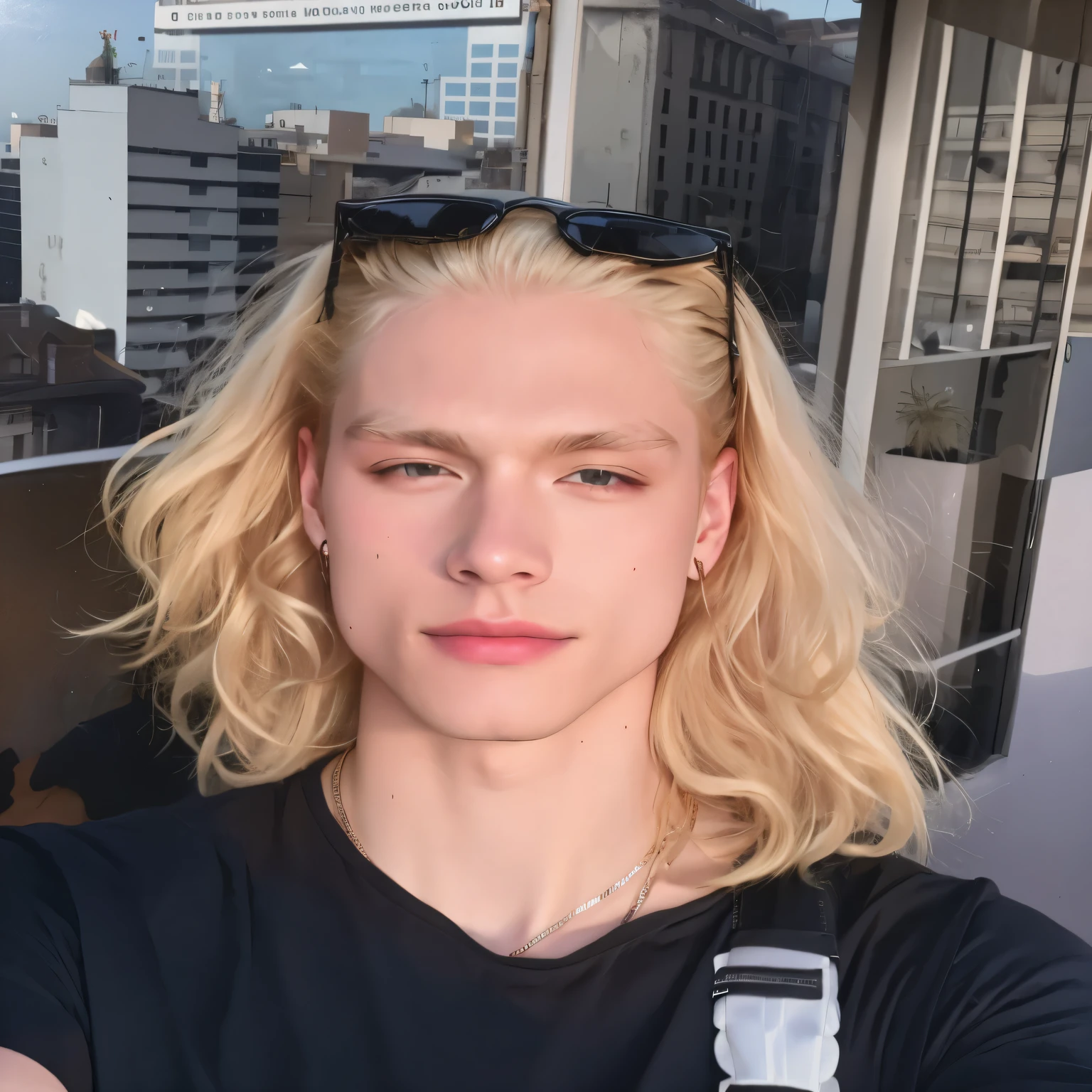 blonde man with sunglasses on his head and black shirt, cabelo loiro extremamente claro, cabelo loiro muito claro, pele clara cabelo loiro cacheado, young handsome and pale rome, com longos cabelos loiros, An epic non-binary model, cabelo albino, albino pele white pale, long swept back blond hair, cara loiro, medium yellow blonde hair