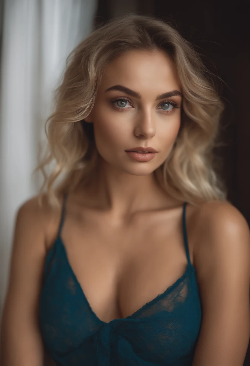 oman with matching tank top and panties, fille sexy aux yeux bleus, Portrait Sophie Mudd, Portrait de Corinna Kopf, cheveux blonds et grands yeux, selfie of a young woman, ohne Maquillage, maquillage naturel, Look directly into the camera, Visage avec Artgram, dezentes Maquillage, Superbe photo du corps entier, dans la chambre, gros seins, Blonde, Latin