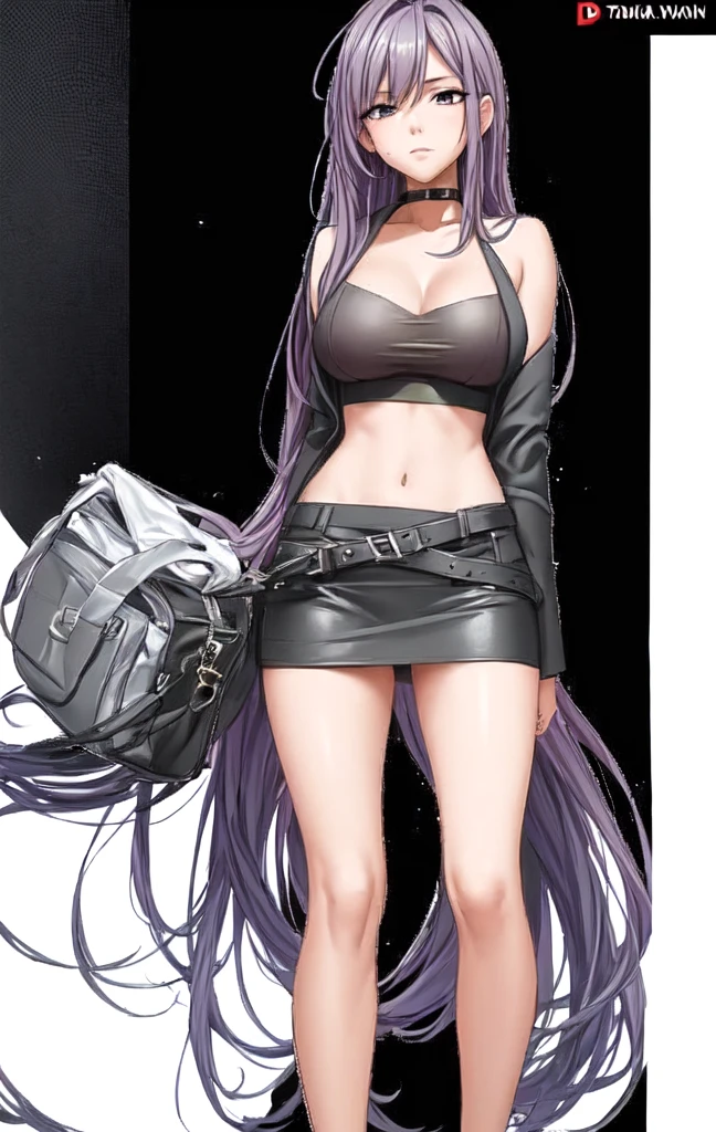 A beautiful woman with long hair, big breasts, and beautiful legs is standing in a suit, a dark tube top, and a miniskirt.。Emphasizing the tube top。