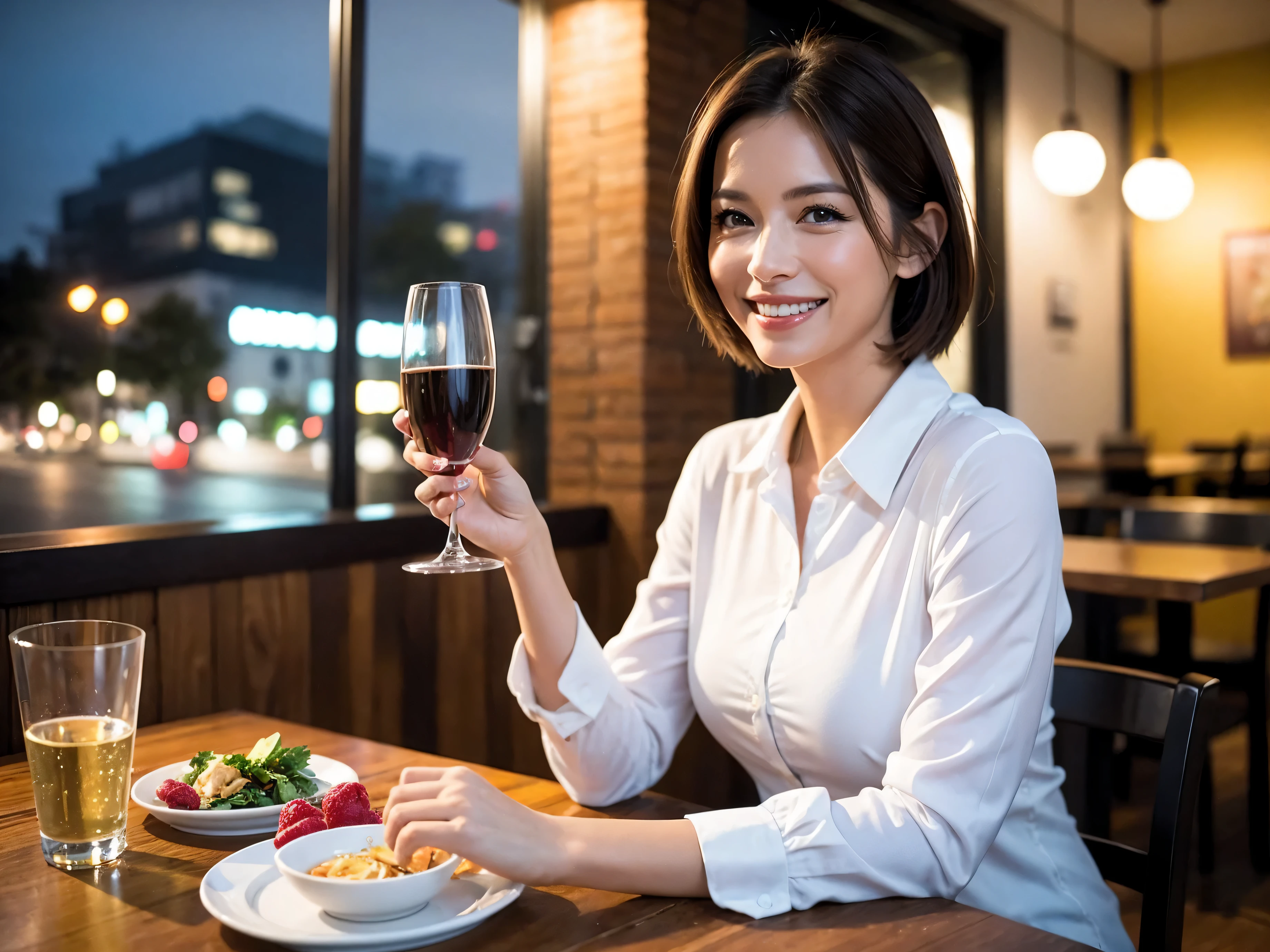 64k, UHD, highest quality, masterpiece: 1.2), (realistic, photorealistic: 1.37), Super detailed, slimな美女3名, (slimフェイス),Happy、 最高なsmile、Fox Face、Berry Short、(because I'thin), (brown hair), (shortcut), long sleeve shirt、winter fashion、Colombia、Brazilian、Japanese、Dutch、German、Portuguese、Belgian、Italian、french,champagne、Sparkling wine、 (gush), (slimボティ), (brown hair), (shortcut), Neat beauty、cheeks blush a little, (35 years old), 38 years old, alone, A beautiful and detailed night view spreads out outside the window..., restaurant, wine glassが座っている, At night, in a prominent place (from the Upper body) nova frog style, actress, model, Upper body, White wine, slim, wine glass, very beautiful night view, wine glass Put in the Middle, Happy smile, (smile: 1.15),