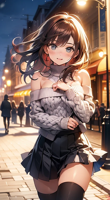 ((masterpiece, best quality, high resolution, ultra high definition, Pixel perfect, depth of field, 4K, RTX, human development report))), 1girl in, single, alone, Beauty、see whole body、 ((long hair, Short Liuhai, reddish brown hair)), ((blue eyes, beautiful eyelashes, realistic eyes)), ((Detailed face, blush:1.2)), ((smooth texture:0.75, lifelike质感:0.65, lifelike:1.1, Anime CG style)), medium breasts, Perfect body, (( Shoulderless low-cut sweater, bare shoulders,exposing her chest, short skirt ,Black tights,Black boots)), Smile, Sideways posture, (wind blows hair，bare shoulders、exposing her chest、Black tights) , Hot spring at night ,It&#39;s snowing