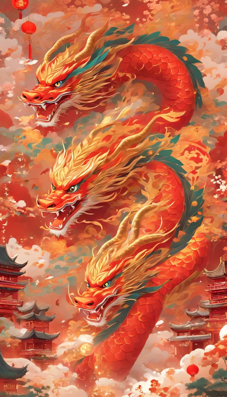 Red festive, Family reunion to celebrate, Plane design, Chinese Dragon, Xiqing, New Year's Day, Festival celebration, Chinese cultural theme style, soft tones, warm palettes, vibrant illustrations, Color mural, Minimalism --ar 3:4 --niji 5
