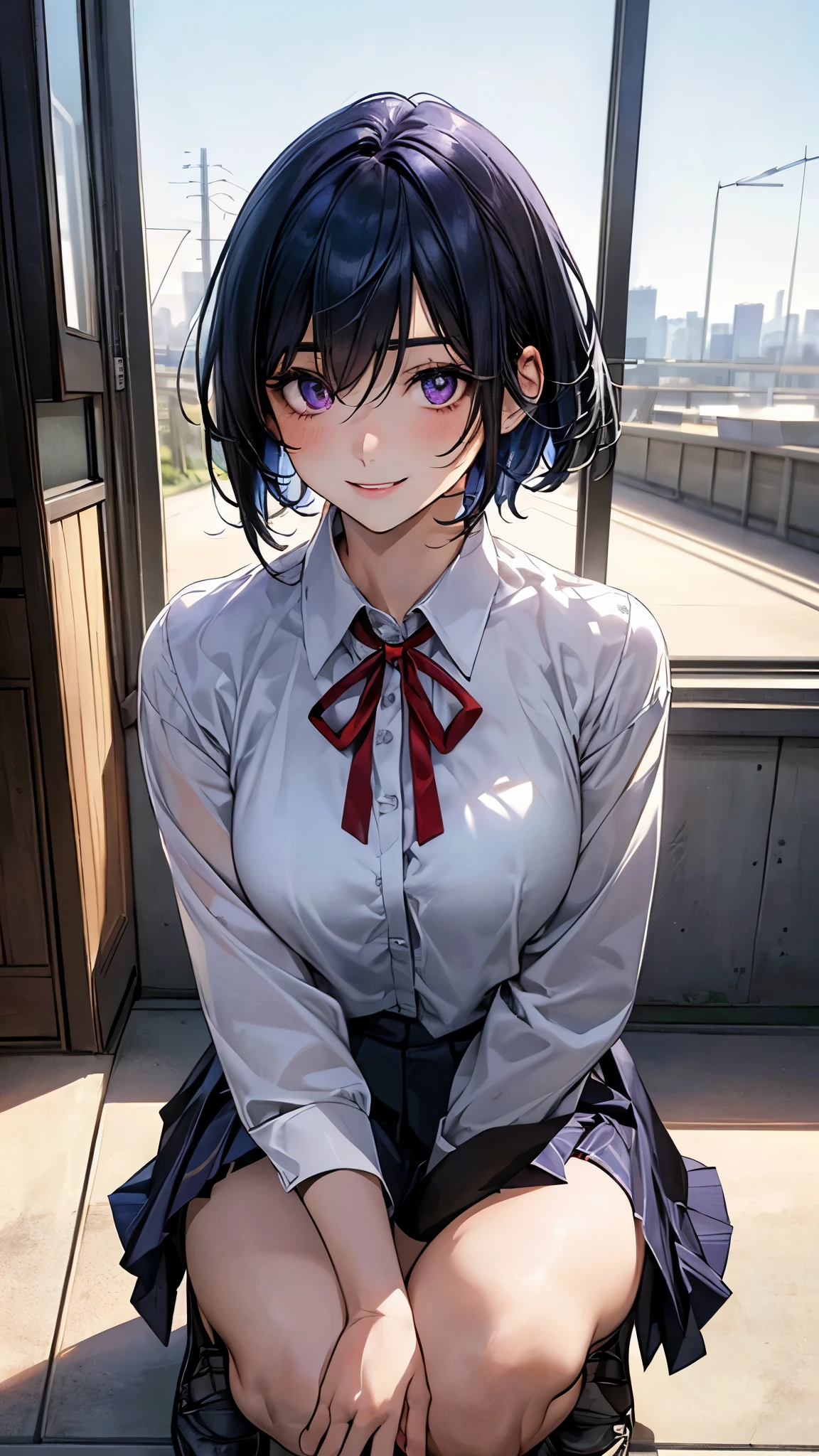 (masterpiece:1.2, top-quality), (realistic, photorealistic:1.4), beautiful illustration, (natural side lighting, movie lighting), nsfw,
looking at viewer, panty shot, front view:0.6, 1 girl, japanese, high school girl, perfect face, cute and symmetrical face, shiny skin,
(short hair:1.2, shaggy cut:1.2, dark blue hair), hair between eyes, purple eyes, drooping eyes, long eye lasher, (large breasts:0.6),
beautiful hair, beautiful face, beautiful detailed eyes, beautiful clavicle, beautiful body, beautiful chest, beautiful thighs, beautiful legs,
((symmetrical clothing, white collared shirts, light grey pleated skirt, red neck ribbon)), black socks,
(beautiful scenery), morning, school rooftop, squatting, (lovely smile, upper eyes),