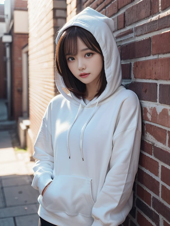 (((very detailed , 8k wallpaper, masterpiece, High resolution, highest quality))), ((Beautiful woman, Model-like posture, acrobatic pose,grunge fashion,wearing a big hoodie:1.2,)),, ((very detailed顔, very detailed black eyes, highest qualityのリアルテクスチャスキン)), (Short Bob Cut Hair, white skin,), (Brick Wall),Background bricks, surreal, digital paint,soft lighting,boke