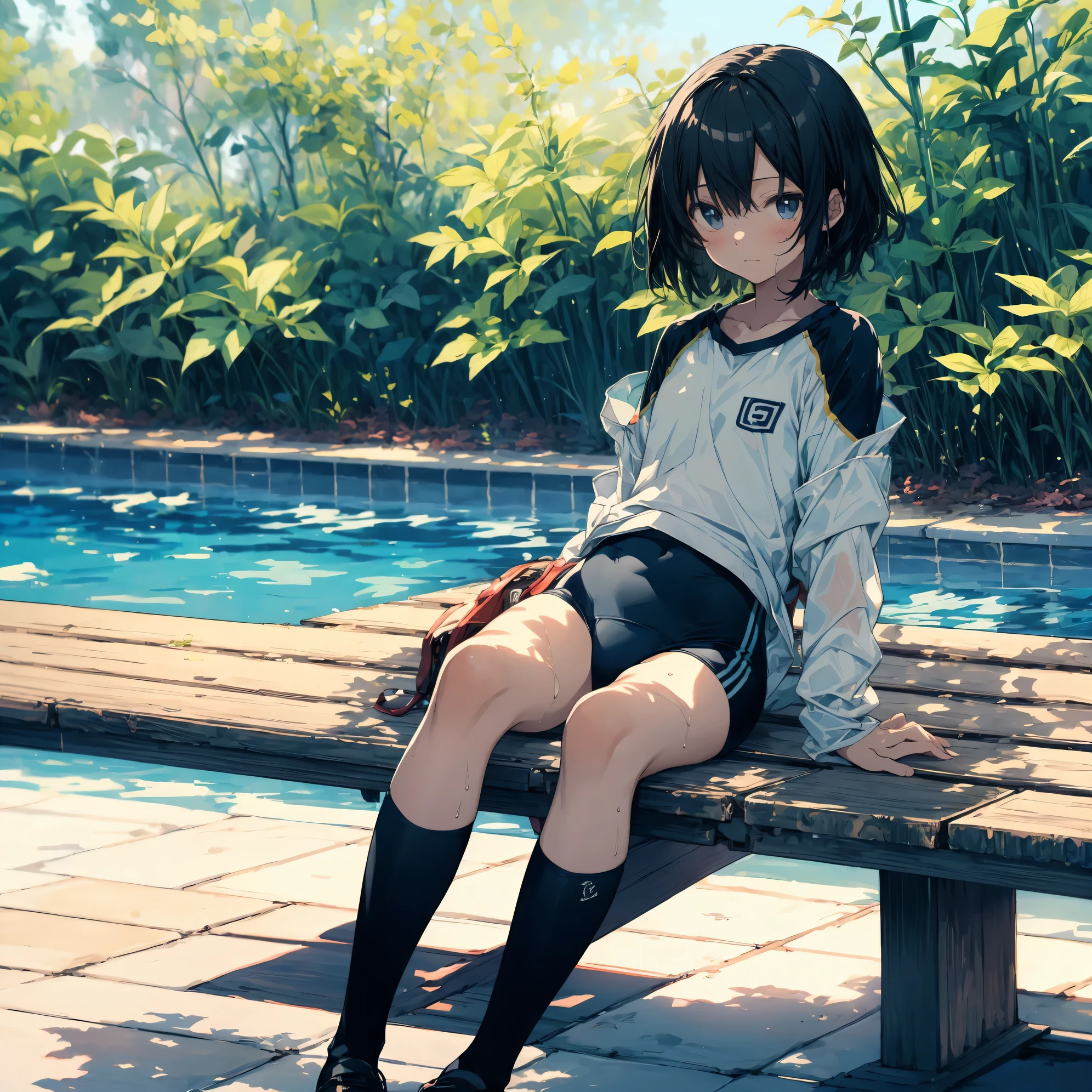 Super high quality by the art god, super detailed, High resolution, Shinkai Makoto style, anime moe art style, best anime 8K konachan wallpaper, pixiv contest winner, perfect anatomy, break,(Draw a picture of a girl in a swimsuit sitting sleepily on a bench by the pool.),break, surreal girl, (alone,lolita, , :1.3),All limbs, full finger,, androgynous charm, (very short hair), Wet hair, flat and soft chest, small ass, between legs, Small black eyes,hanme,beautiful and fine eyes, Well-proportioned iris and pupils, sleepy eyes, High resolutionの詳細な髪, school swimwear,Wet, in School pool. break,super dense skin, Best lighting by famous artists, 8K, figure,