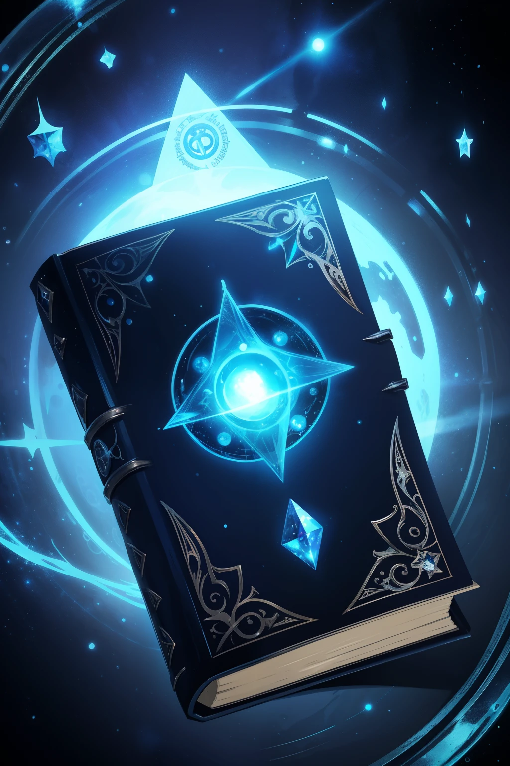 magic grimoire, book of the night, beautiful blue circle, jewel, runes inscribed on the spine, silver and blue and black, magic, fantasy, magic book, abyss magic, space stars, black, moon phases on book, planet venus in centre of book
