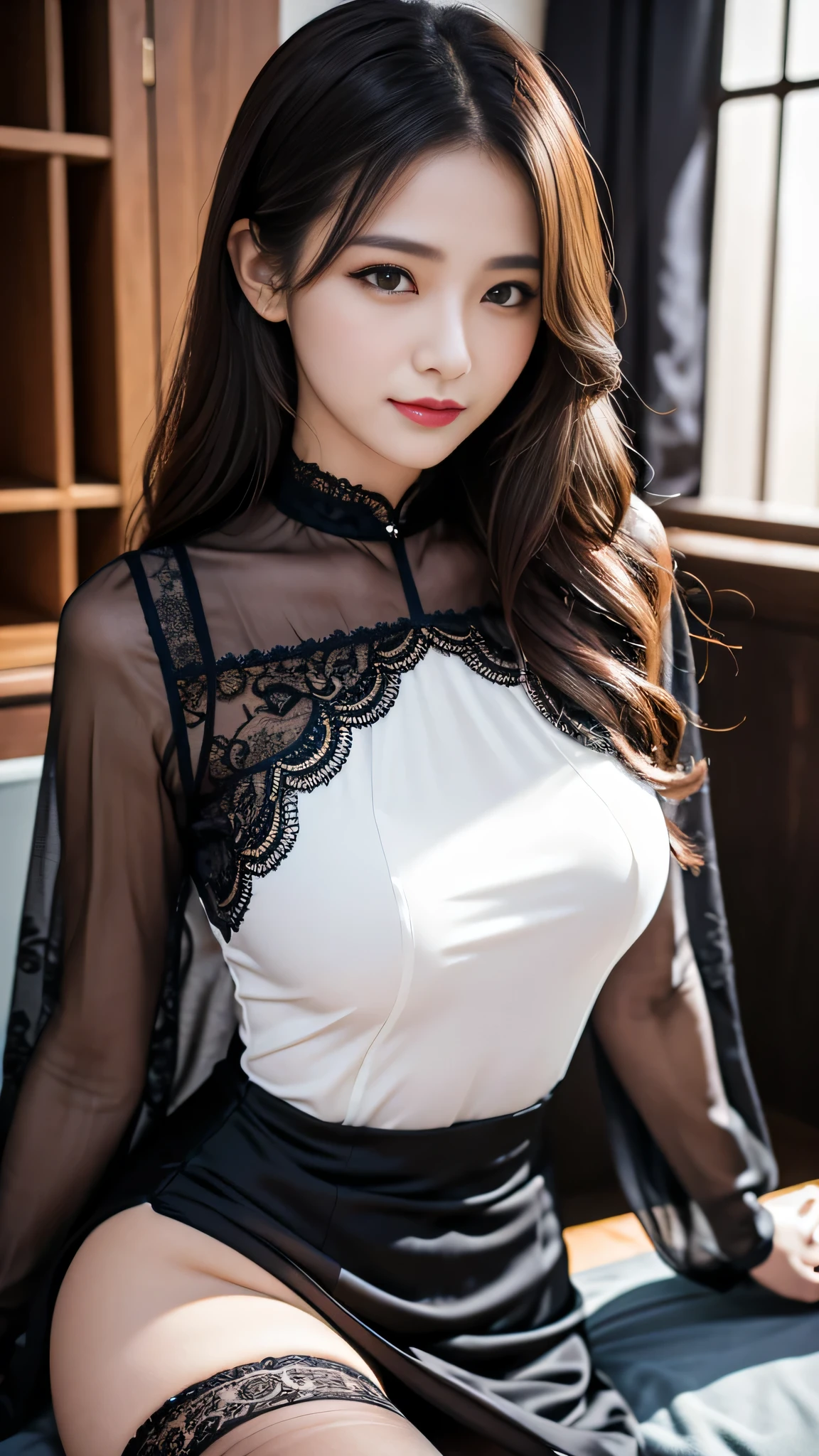 Super detailed、Japanese、charming beauty、seductive adult woman、Dainty woman、sharp eyes、cool girl、wavy hair、suit、Black chiffon、lacy fabric、wide sleeve、wearing a lace insert dress、white blouse、flare skirt、pantyhose、Shiny legs、evilの幹部、evil depravity、brainwashing、Mind control、lipstick、grin、邪evilなな表情、evil、empty eyes、邪evilな、seductive pose、one factory girl