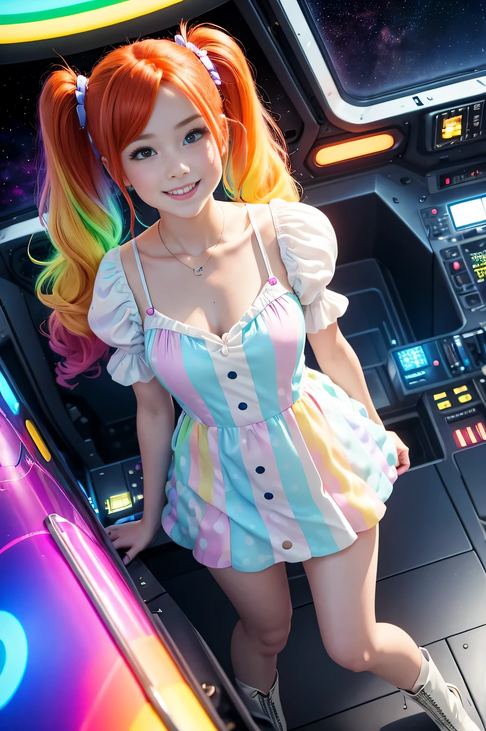 (overhead view) Cute redhead with rainbow colored hair tips, ribbons in her hair, 18-year-old woman, happy, smiling, in twin tails, perfect eyes, clear sparkling blue eyes, pale skin, silky smooth skin, flying a fancy metal luxurious space ship, futuristic cockpit, she's a pilot, outer space seen in windows, dark warm lighting, wearing a futuristic party dress, pleated (chemise) mini dress (pastel rainbow colors, and polka dots), puffy sleeves, silk, pantyhose, cute short cut booties, boots.