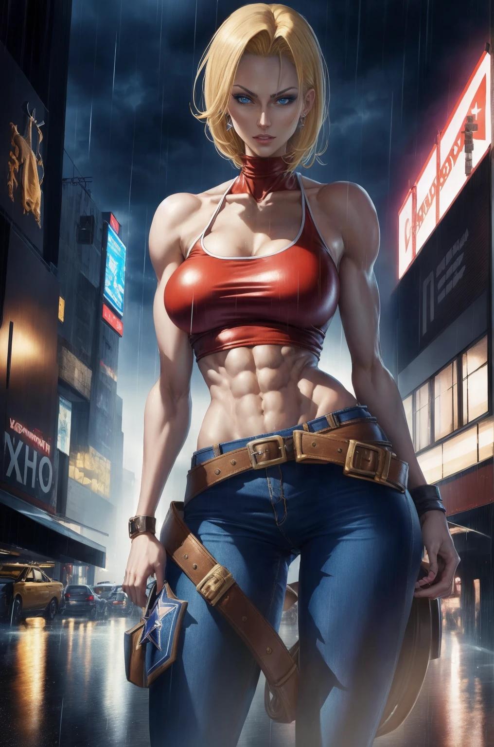 maryms, Best Quality,(beauty), 1girl,phisically-based render ,ultra highres,(cowboy shot:1.5),narrow waist, skinny, LeonaMS ,muscular, big blue eyes,long legs,jeans,leather belt,small breasts,puffy eyes, leather belt,(rainy city), shiny skin, facing viewer, Victory posture,