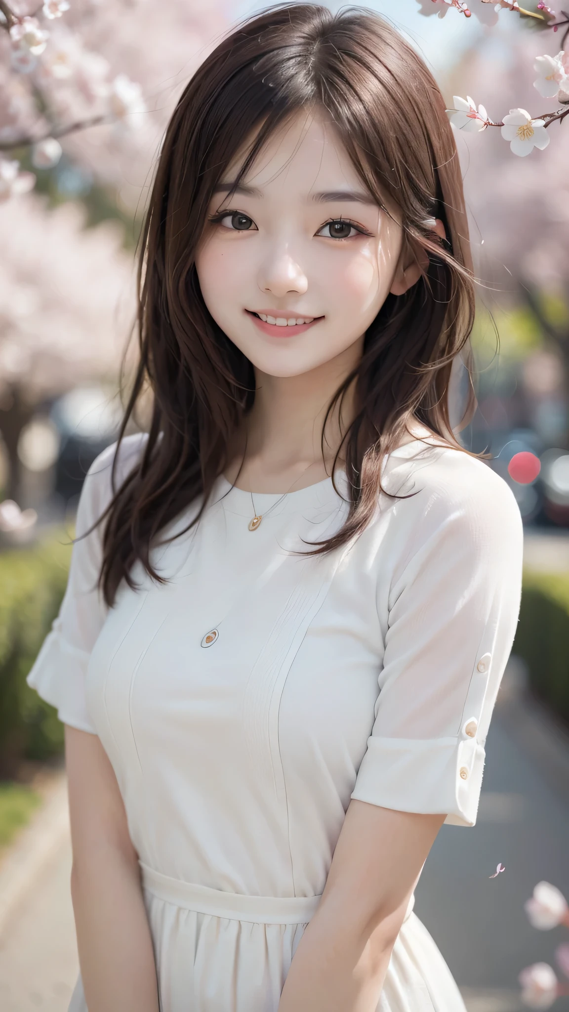(1ung girl), cute face, kawaii, Brown hair, instagram beautiful girl photos, great smiles, (Best Quality:1.3), (Ultra-detailed), (extremely detailed CG unified 8k wallpaper), Highly detailed, High-definition raw color photos, Professional Photography, cherry blossom, colorful pictures, colorful photos, depth of fields,