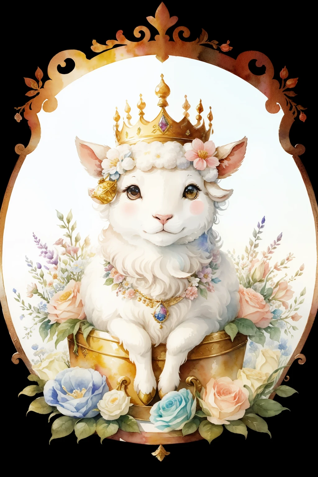 In this delightful watercolor illustration, a little sheep wearing crown jewels playfully peeks out from a treasure box filled with vibrant flowers. The scene is hand-painted in high quality, showcasing the exquisite details of the sheep's beanie eyes and the intricately designed jewels crown adorning its head. The colors are rich and bold, with the flowers adding a pop of radiance against the soft backdrop of the watercolor background. May Ibuki's charming expression and the whimsical setting transport you to a world of cuteness and tranquility.