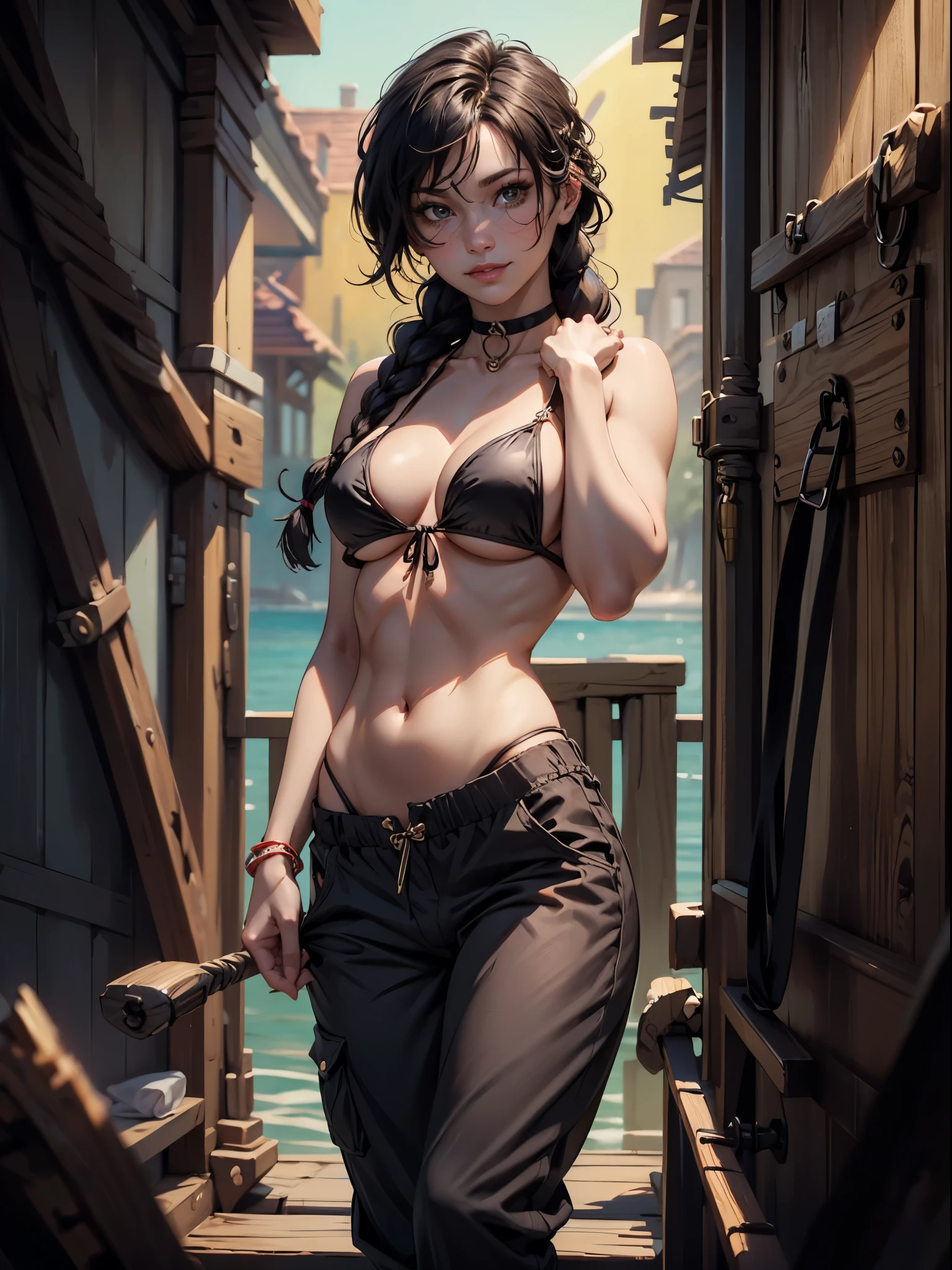 (masterpiece, best quality), 1girl, (seductive smirk:0.75), upper body, looking at viewer, side tied bikini top, ((pubis, groin, crotch)), braid, (((pants pull))), choker, black hair, wide hips, cleavage, smirk