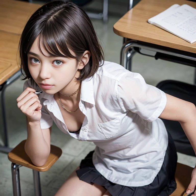 Downblouse, school girl , munechira,(((small breasts))), looking away, leaning forward,bending over , from side above , close up, necklace ,in classroom,short sleeved button shirt, within decolated detailed white bra , short hair,sitting on chair and writing in notepad,,8K, Best Quality, Masterpiece, Ultra High Resolution, (Realism: 1.4), Original Photo, (True Skin Texture: 1.3,