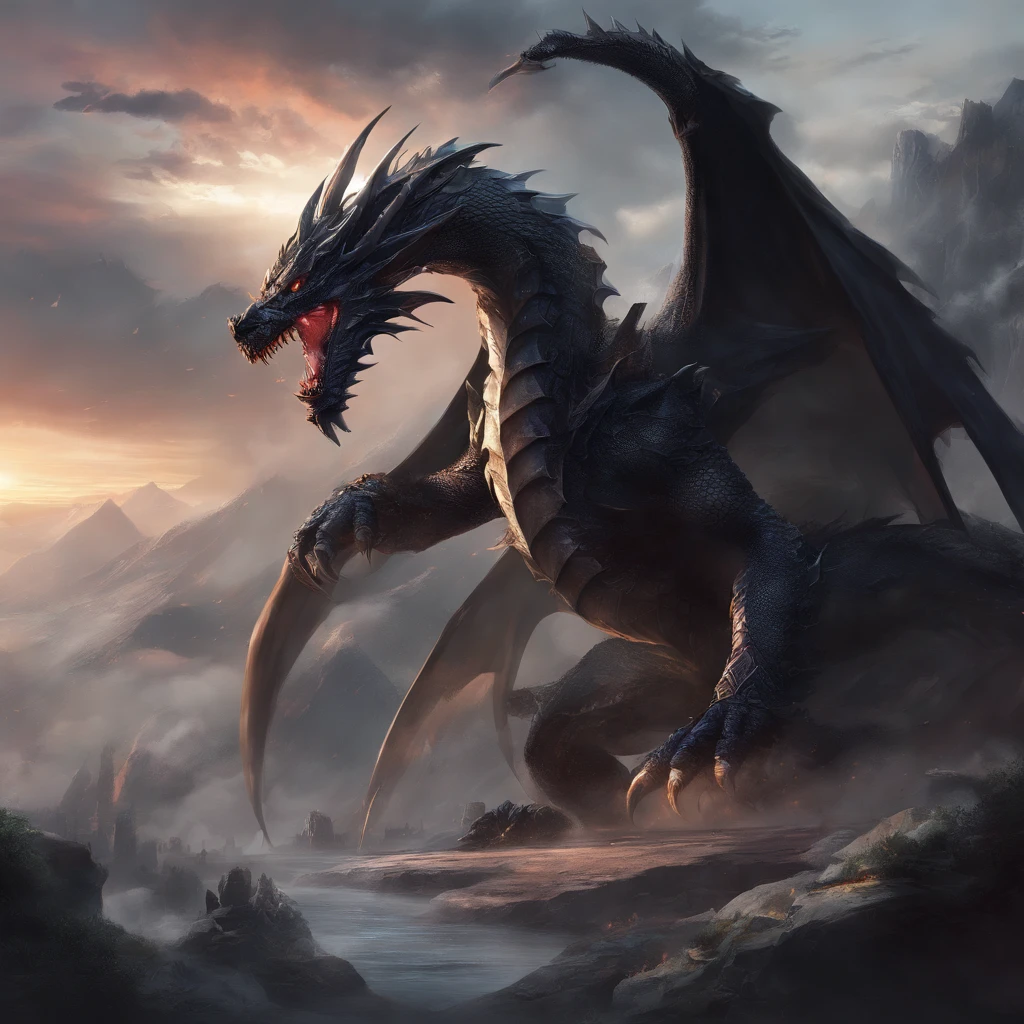 There is a big dragon with a huge head and a huge body, epic fantasy card game art, highly detailefantasy art, detailed digital 2fantasy art, epic fantasy work, detailefantasy art, Epic fan taste card game art, dungeon&ドラゴンズfantasy art, surreal d & fantasy art, 対称的な壮大なfantasy art, cyborg dragon portrait，Jet Black Dragon，