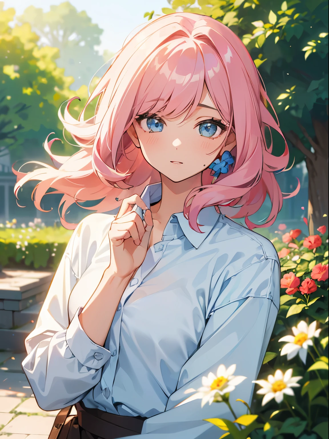 top quality, 1 girl, (skin cavities), background blur, (hair:1.5), (women's shirts:1.5), Gorgeous, soft light, wind, garden, street