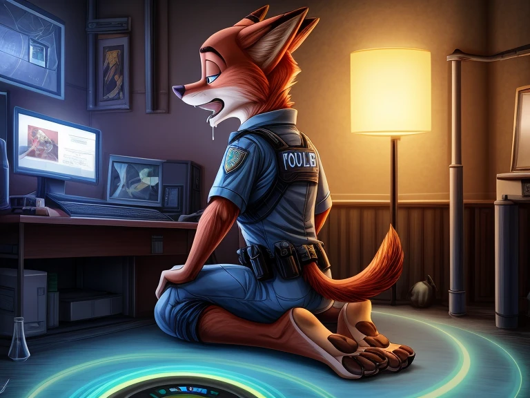 2d portrait, very detailed faces, anatomically correct, furry art, hypnotised barefoot Nick Wilde (Zootopia) wearing his blue police uniform, kneeling, concentrating on a monitor with a recording of a green hypnotic spiral, detailed nice big lion feet paws with claws, in a trance, drooling, green glow in his eyes, hi res, detailed background, 8k hd