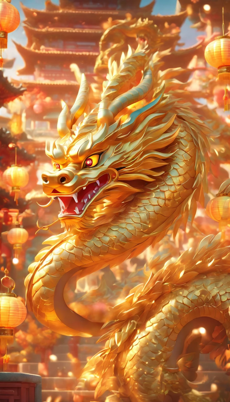 golden chinese dragon, cute, 3D, pastels, felt style, macaron tones, wide angle shot, Chinese
architecture in front of the camera, New Year festive background high details, best quality, cinematic lighting effects, 8K --niji 5 --s 1000 --ar 3:4