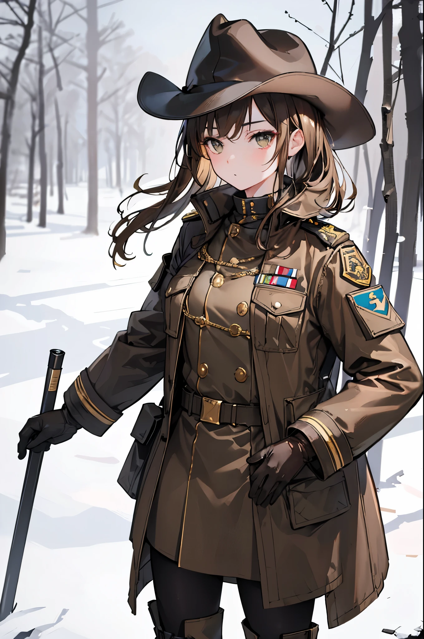 Masterpiece,1girl, Solo, standing, outdoor , brown military officer clothes,white gloves, best quality, commander, brown coat, black boots, hands on the pocket, cowboy shots, gold badge