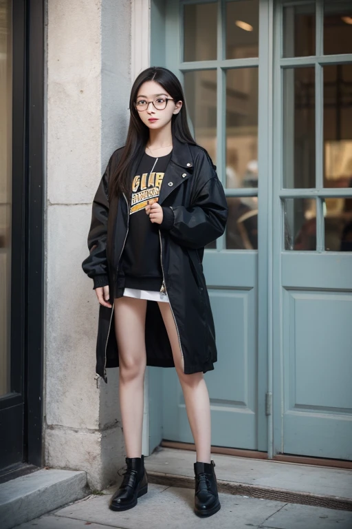 A girl stands outside, wear glasses, dressed in a black jacket, ((long hair)), Pictures inspired by Zou Zhe, Douban, realism, xintong chen, Around 1-9 years old, qichao wang, huifeng huang, zhelong xu, xiaofan zhang, pengzhen zhang, zmenzheng, yihao ren, zezhou chen.