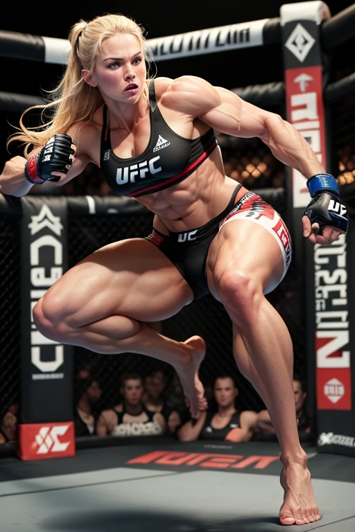 (1girl), (Beautiful, Masterpiece), ((35 year old beautiful blonde german woman Lena Müller, she is knocked down and hurt on the ground, she is wearing dark blue boxing gloves and black boxing shorts), (UFC octagon), ((topless, breasts exposed, NSFW)), (dripping with sweat, glistening skin), toned body, fitness model body