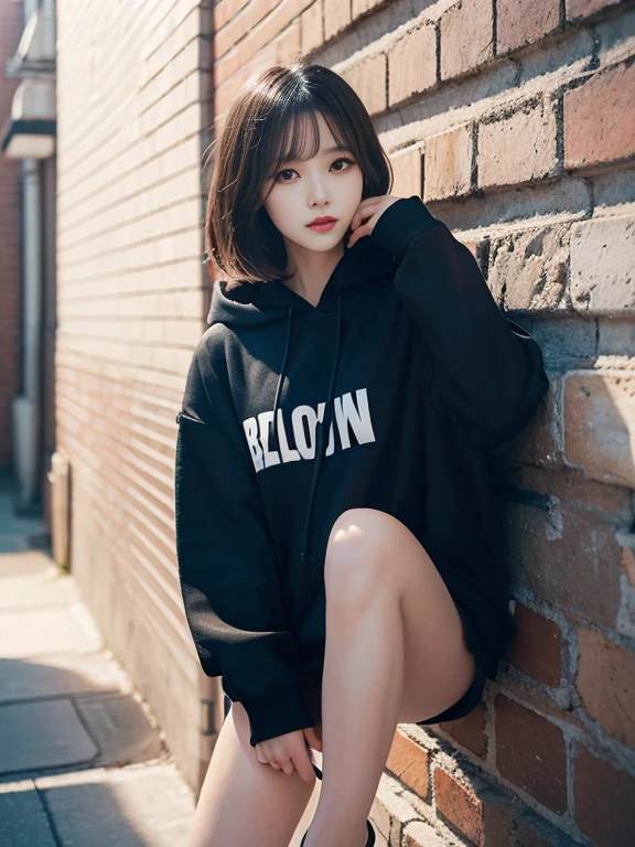 (((very detailed , 8k wallpaper, masterpiece, High resolution, highest quality))), ((Beautiful woman, Model-like posture, acrobatic pose,grunge fashion,wearing a big black hoodie:1.2,)),, ((very detailed顔, very detailed black eyes, highest qualityのリアルテクスチャスキン)), (Short Bob Cut Hair, white skin,), (Brick Wall),Background bricks, surreal, digital paint,soft lighting,boke
