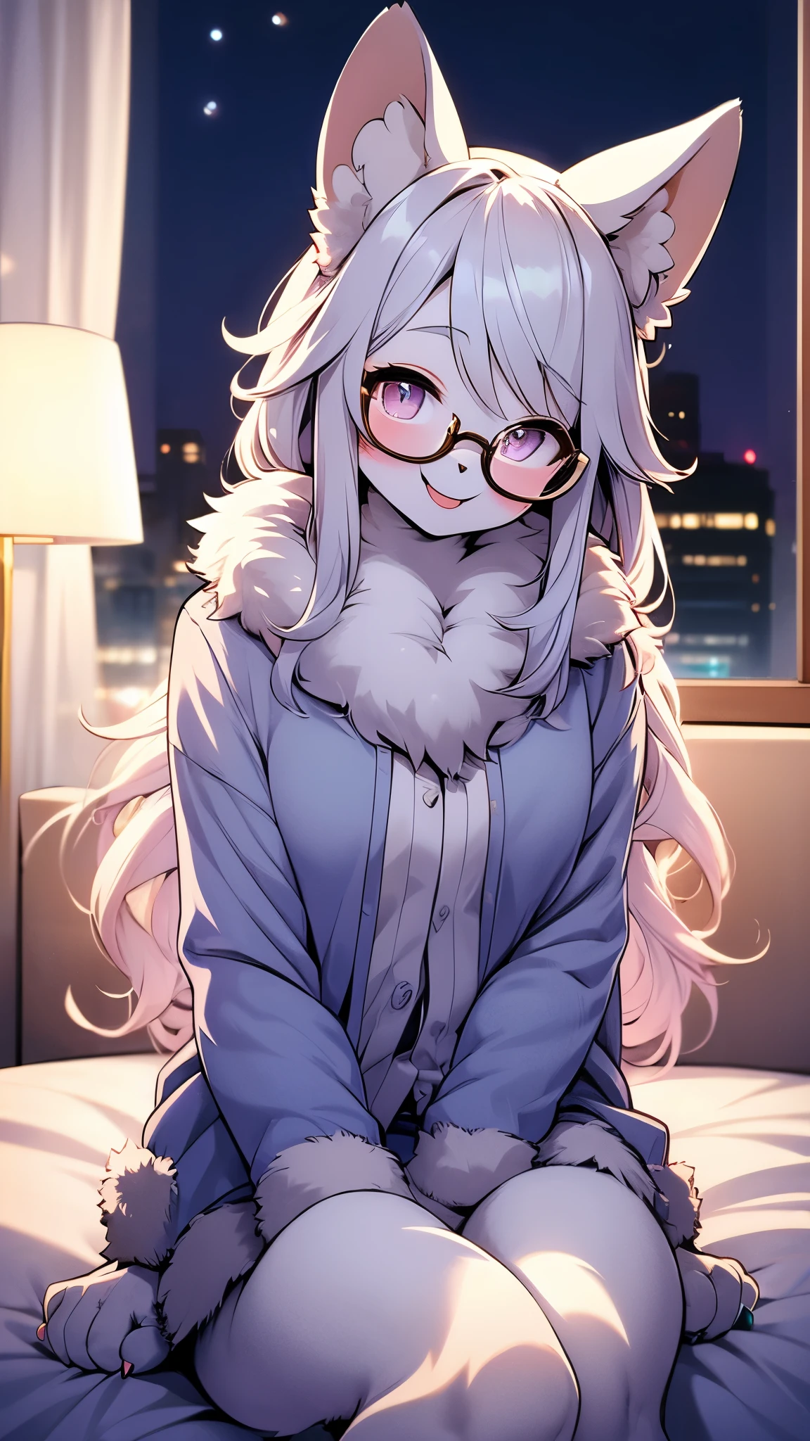 furry cat girl,ultra detailed fur,pubic fur,room,moonlight,all face blush,smile,glasses,exhibitionism,looking at viewer,sit on bed