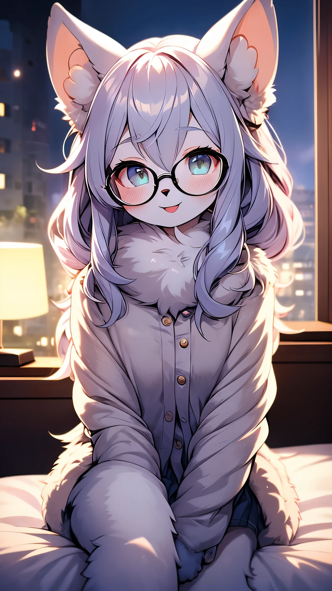 furry cat girl,ultra detailed fur,pubic fur,room,moonlight,all face blush,smile,glasses,exhibitionism,looking at viewer,sit on bed