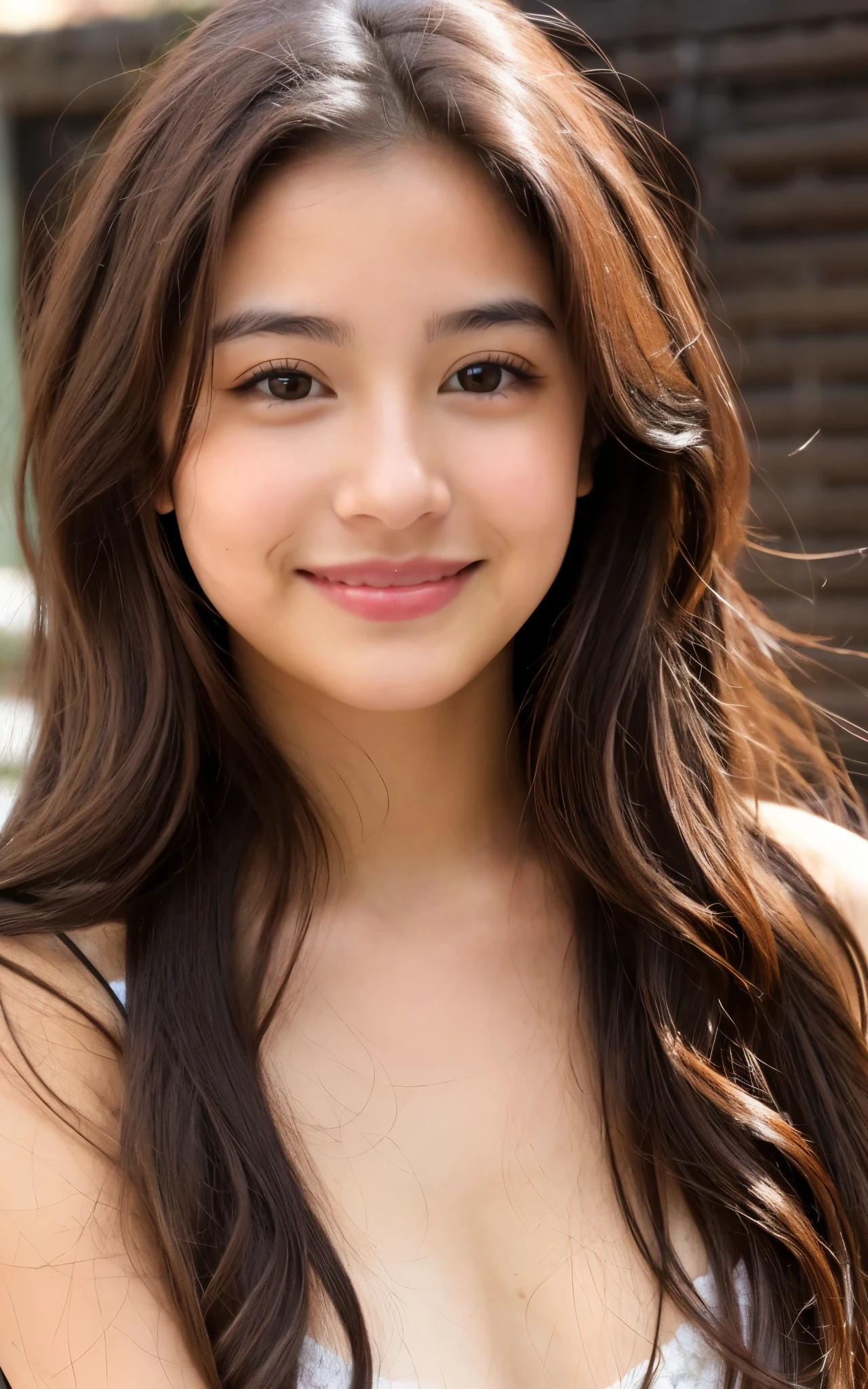 1 mexican girl, Long Wavy Hair, dark brown eyes, teen, nude, smiling
