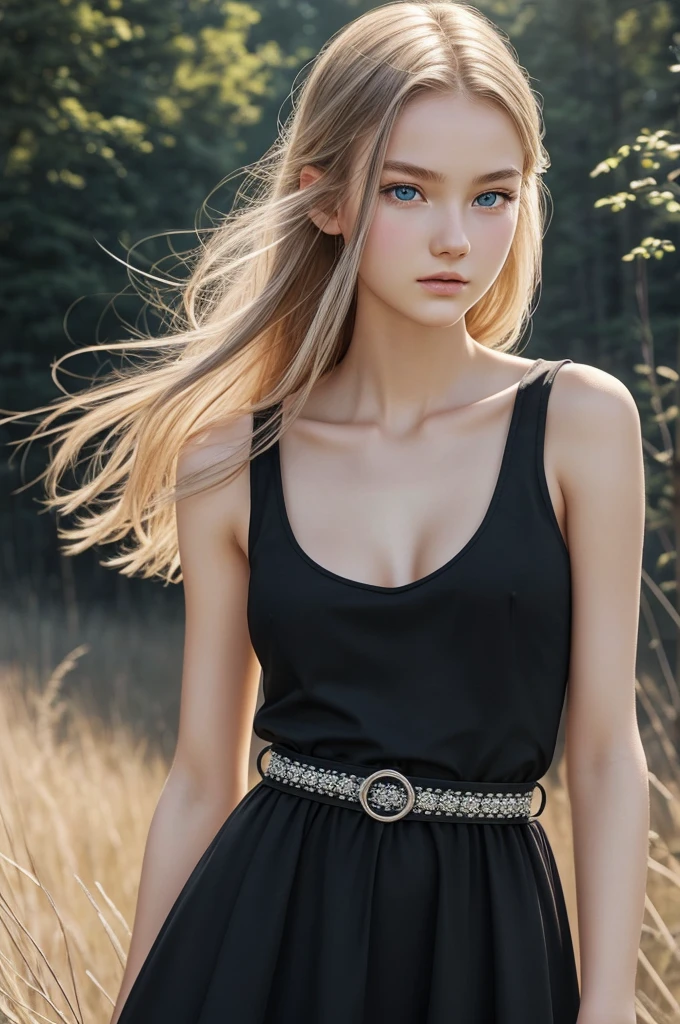 bright look、photorealism、highest quality、Super high resolution、picture、The most beautiful Nordic girls photos、cute and beautiful face details、small face、Black sleeveless dress、belt、big breasts、Slender、17 years old、Crystal clear white skin、beautiful clavicle、big light blue eyes、cowboy shot