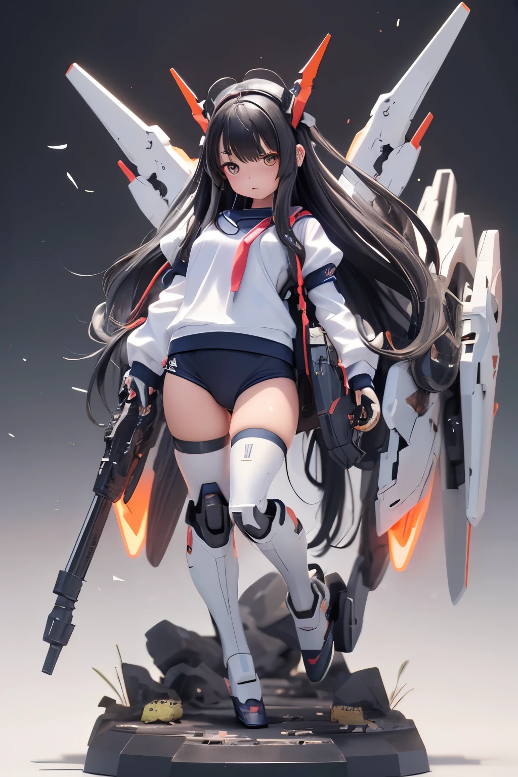 (highest quality)), ((masterpiece)), (very detailed: 1.3), 3D, {(1 young girl)}, (wear navy buruma and white gym uniform with colored hem under armor:1.3), (black hair:1.5), (She is fused with futuristic Gundam mecha:1.4), with headgear, with v-fin , armored shoulders,armored under arms, armored under legs, short sleeve, attached 2 huge weapons on back, legs mounted weapon module, camel toe,  multilayer textureperfect proportions, octane rendering, duotone lighting, Low ISO, wide aperture, White balance, Rule of thirds, ultra HD16k, HDR (High Dynamic Range), Ray Tracing, NVIDIA RTX, Super Resolution, Subsurface Scattering, PBR Texturing, Post Processing, Anisotropic Filtering, Depth of Field, Maximum Clarity and Clarity, High efficiency subpixel, subpixel convolution, particles of light, light scattered, Tyndall effect, full body:1.5, (tabletop pose:1,2), , cute, (cute:1.2), (long hair:1.3),太い眉毛, 薄い色の虹彩, 大きくて輝いている黒い瞳, 長いまつげ, 小さく薄い色の自然な唇, (Average face of Japanese idols), (日本人特有の童顔:1.3), (baby face), 広いおでこ:1.2, ふっくらした頬, 小さな顎, in the hangar,looking at viewer,Focus on the eyes , (完璧な4本の指, 親指1本),